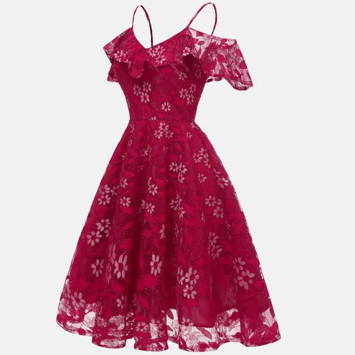 Vista 2 de Women's Cold Shoulder Dresses Floral Lace Pleated Dress Ruffle Sleeve Knee Length Dresses Formal Evening Party Prom Gown