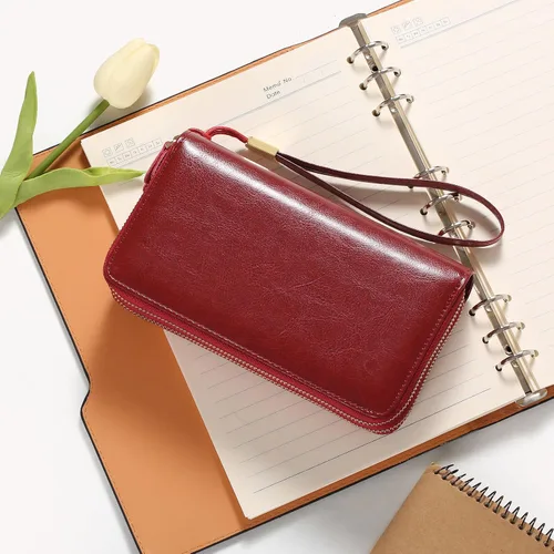 Vista 6 de SENDEFN Carteras de cuero para mujer, bloqueo RFID, doble cremallera alrededor del tarjetero de crédito, gran capacidad, 1-cera-vino tinto, Moderno