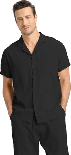 Vista 5 de RPOVIG Conjunto de camisa de lino y pantalones conjuntos de lino de 2 piezas para hombre, camisas de manga corta, pantalones de yoga, trajes