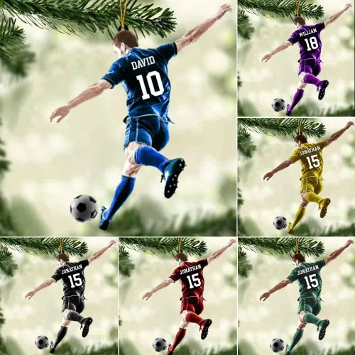 Vista 10 de Adorno de Navidad personalizado para jugador de fútbol; regalo personalizado para colgar en el árbol de Navidad 2D; gran idea de regalo