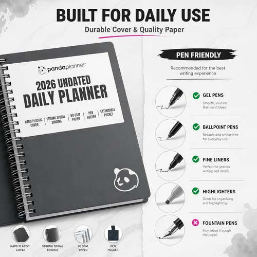 Vista 5 de Panda Planner Agenda diaria sin fecha 2026, 5.75 x 8.25 pulgadas, gris 90-Day Spiral Academic, Productivity Planner, Hourly Schedule, To-Do List