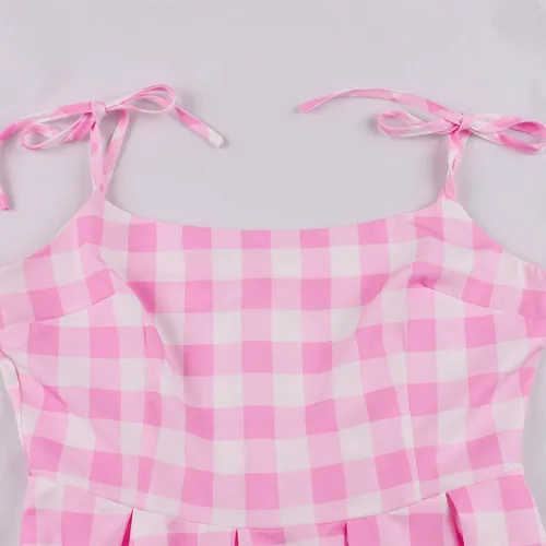 Vista 3 de Vestidos de los años 50 para mujer, vestido de cuadros rosa vintage sin mangas, vestidos Rockabilly a cuadros de los años 50