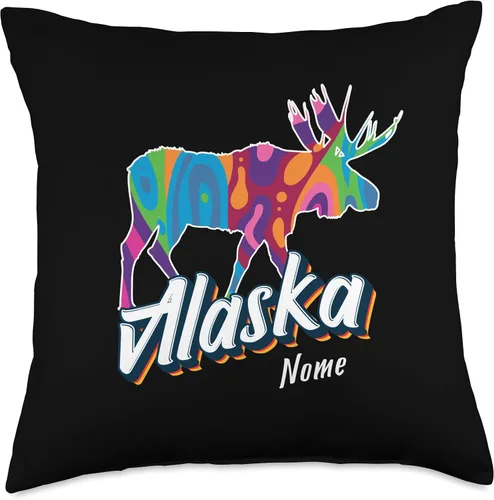 Vista 4 de Nome Alaska USA Colorful Moose Art Vacation Souvenir Throw Pillow
