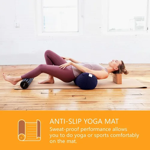 Vista 3 de Sol Living Tapete de yoga de corcho natural, tapete de yoga para estiramiento, pilates, meditación, equipo de gimnasio, antideslizante, portátil