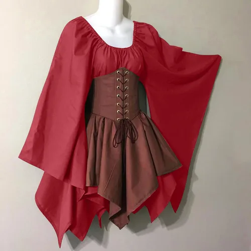 Vista 6 de pbnbp Vestidos medievales renacentistas con corsés, trajes de hadas de elfo de Halloween, manga mariposa, dobladillo irregular, disfraces de feria
