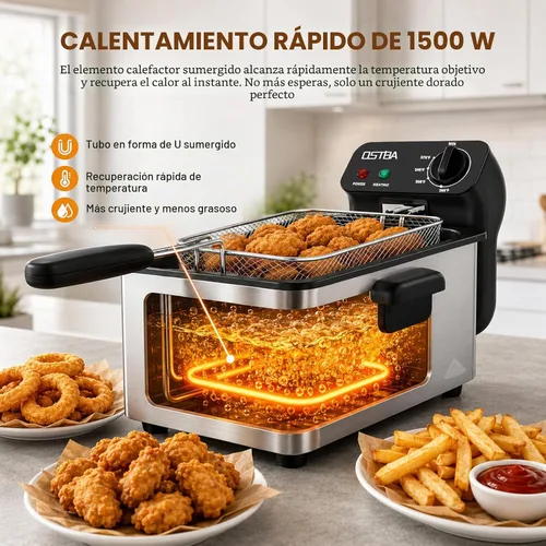 Vista 3 de OSTBA Freidora eléctrica con canasta, freidora de encimera de acero inoxidable de 1500 W, capacidad de aceite de 3.2 cuartos de galón, control