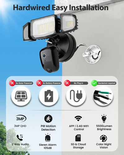 Vista 2 de Olafus Cámara de inundación al aire libre – Cámara de seguridad 2K QHD con luces de inundación activadas por movimiento, zonas de detección