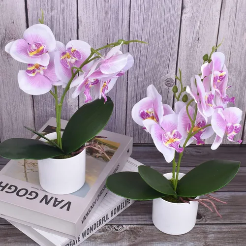 Vista 4 de XONOR Flores artificiales de orquídea, 2 piezas de flores de orquídea en maceta con jarrón de plástico para centro de mesa, decoración del hogar