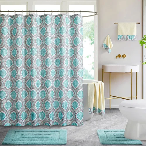Vista 11 de WPM - Juego de alfombras de baño, toallas y cortina de ducha, juego de alfombras de baño con estampado de enrejado de color azul real