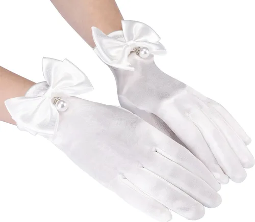 Vista 2 de Ayliss Guantes de boda de novia para mujer, guantes cortos de ópera de satén, guantes de vestido de muñeca de perla, guantes florales de fiesta