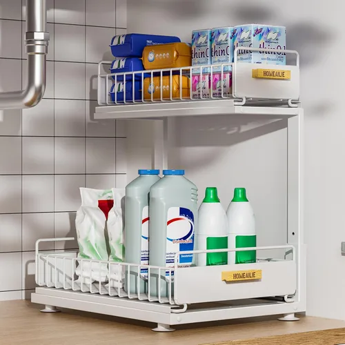 Vista 16 de Organizador bajo el fregadero, Organizador de 2 niveles alto y ajustable bajo el fregadero de la cocina, estante de almacenamiento multiuso