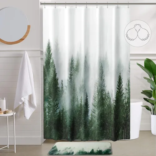 Vista 20 de ORTIGIA 36x72 Cortina de ducha de bosque nebuloso para baño pequeño, cortina de ducha estrecha de naturaleza y bosque en blanco y negro con ganchos
