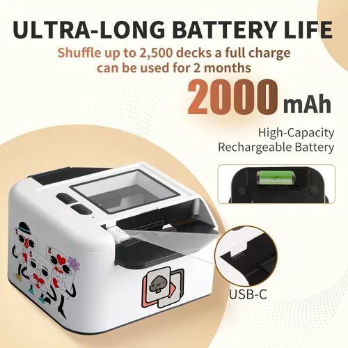Vista 5 de Barajador automático de cartas, 1-2 barajas silencioso y 2000 mAh USB-C recargable electrónico barajador de cartas, barajador automático/manual
