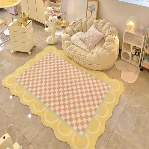 Vista 12 de Alfombra de área irregular morada, una alfombra decorativa moderna y simple impresa con patrones de tablero de ajedrez morado y blanco, tapete