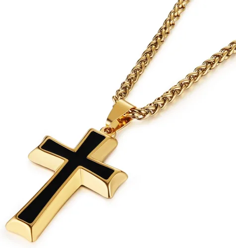 Vista 15 de HZMAN Collar con colgante de cruz de acero inoxidable para hombres con cadena de trigo Negro & rojo