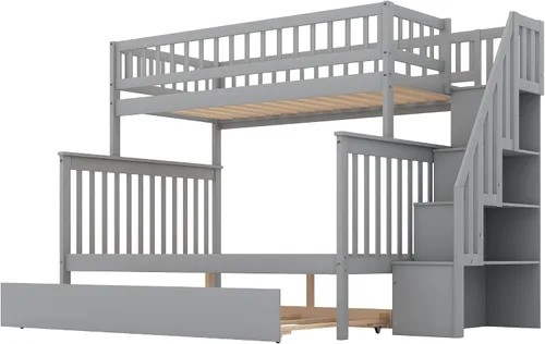 Vista 9 de Harper & Bright Designs - Literas de madera individual sobre matrimonial con nido, marco de cama de madera maciza con estante de almacenamiento