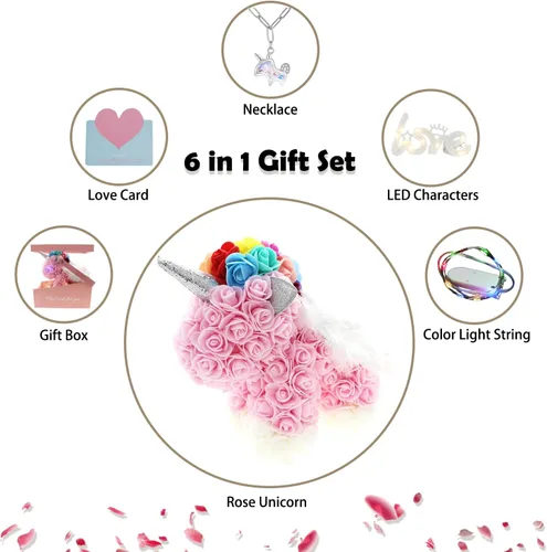 Vista 2 de Juego de caja de regalo de unicornio rosa con flores artificiales para siempre, para novia, niños, hija, mujeres, aniversario, Navidad, San