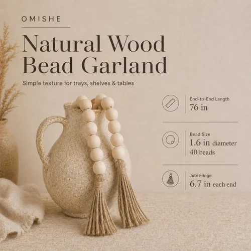 Vista 9 de OMISHE Guirnalda de cuentas de madera extra grande con cuentas de madera y borlas de 1.6 pulgadas de diámetro, cuentas decorativas rústicas de 41