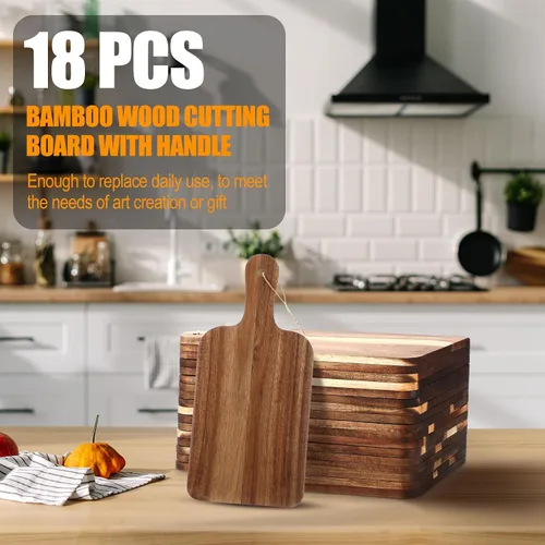 Vista 5 de Tanlade 18 tablas de cortar a granel de 15 x 7 pulgadas, tabla de cortar de madera de acacia con mango de madera de charcutería grabado, tablones