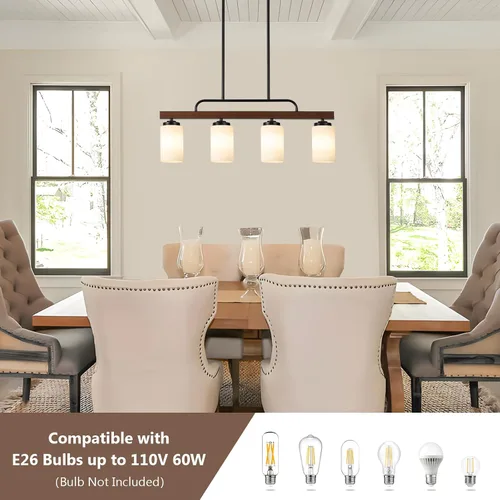 Vista 3 de Lámpara de Comedor Estilo Granja Sobre Mesa, Iluminación de Isla de Cocina de Madera Negra de 4 Luces con Vidrio Blanco Leche, Luces Colgantes