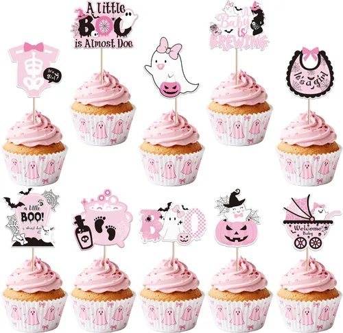 Vista 29 de Paquete de 24 adornos para cupcakes de Halloween con purpurina rosa, fantasma, pequeño abucheo, murciélago, bruja, gato, calabaza, magdalena