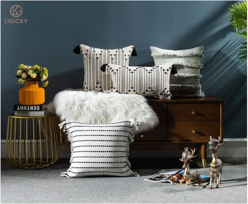 Vista 3 de LIGICKY Fundas de almohada decorativas para el hogar, estilo bohemio, con borlas, cuadradas, de algodón, a rayas, para sofá, dormitorio, sala