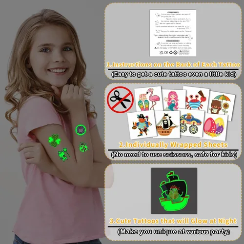 Vista 2 de Partywind 204 estilos de tatuajes temporales luminosos para niños, suministros de fiesta brillantes, regalos para bolsas de regalos, divertidas