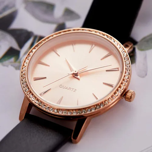 Vista 3 de Women's Quartz Watch with Rhinestone Crystal Bezel Negro