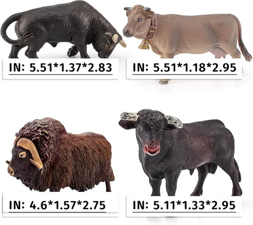 Vista 2 de LC JoyCre Figuras de vacas de juguete de toros, 4 piezas, figuras realistas de vaca suiza, juguetes para niños pequeños, toro africano, almizcle