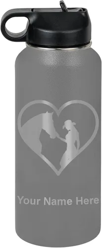 Vista 48 de LaserGram Botella de agua personalizada, corazón de vaquera de caballo, acero inoxidable de doble pared aislada al vacío con popote superior, regalo
