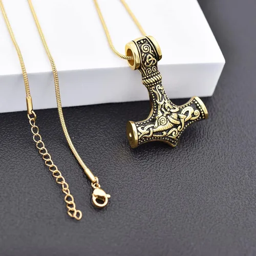 Vista 23 de Collar de urna de talismán de martillo de Thor vikingo nórdico para cenizas, acero inoxidable para hombre, joyería de cremación vintage, amuleto