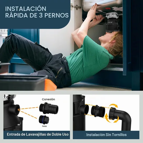 Vista 5 de Triturador de basura Trifecte de 1/2 HP para fregadero, triturador de residuos de alimentos de alimentación continua con cable de alimentación, más