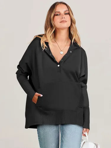 Vista 3 de ANRABESS Sudadera con capucha de gran tamaño para mujer, manga larga, botones, cuello en V, casual, holgada, ropa de otoño