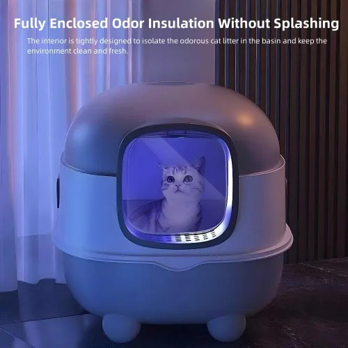 Vista 6 de Caja de arena para gatos, bandeja de arena grande para gatos con luz UV, bandeja de arena para gatos con tapa, bandeja de arena cerrada para gatos