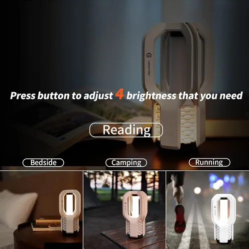 Vista 6 de Linterna LED recargable para campamento, diseño de agarre libre, 4 modos, impermeable IP65, brillo cálido de 3000 K, luz ligera y portátil