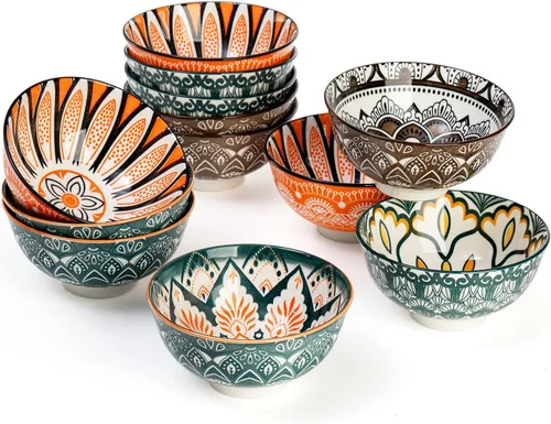 Vista 8 de Foraineam Paquete de 12 cuencos de porcelana, juego de cuencos pequeños de 10 onzas, coloridos cuencos redondos florales para sopa, helado
