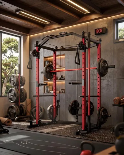 Vista 7 de GarveeLife Jaula de potencia, estantes de potencia multifuncionales para gimnasio en casa con sistema de cruce de cables, capacidad de peso de 1600