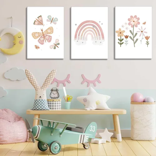 Vista 7 de Lienzo bohemio rosa para cuarto de bebé, arte de pared para habitación de niños, decoración de pared, diseño de flores de mariposa para niños