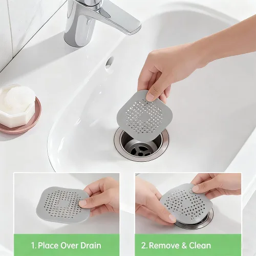 Vista 5 de Atrapapelos de Silicona para Desagüe de Ducha, Paquete de 2 Protectores de Desagüe de Silicona y Cubierta de Desagüe de Ducha, Colador de Desagüe