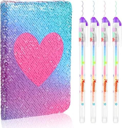 Vista 16 de Outus Juego de diario de lentejuelas para niñas con 4 bolígrafos de tinta de gel de color, diario reversible, cuaderno de lentejuelas con purpurina