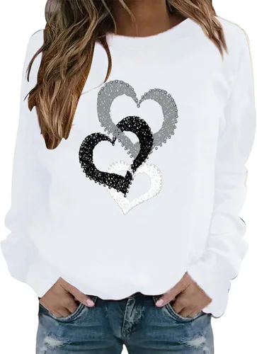 Vista 2 de Camisas de San Valentín para mujer, sudadera con estampado de corazón de amor, casual, manga larga, cuello redondo, suéter sin botones