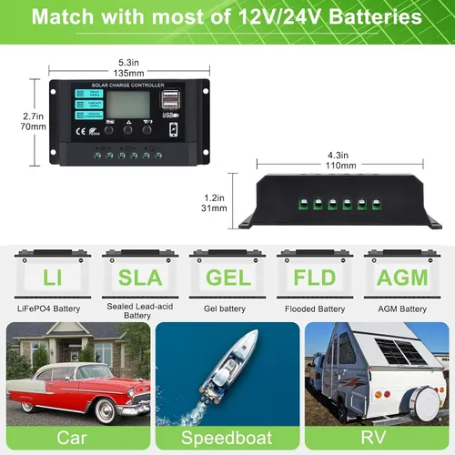Vista 6 de Kit de panel solar 25W 12V Mantenedor de batería monocristalino con controlador de carga solar de 10 A y cable de extensión con clips de batería