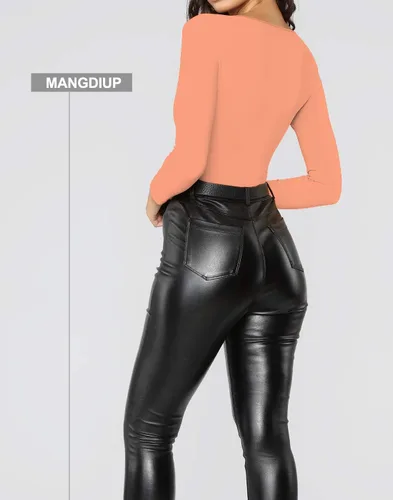 Vista 45 de MANGDIUP Body esencial para mujer, cuello redondo, manga larga, ajustado, elástico, de algodón y elastano