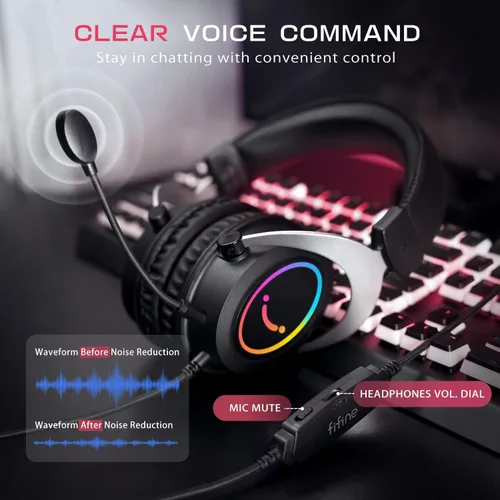 Vista 4 de FIFINE Auriculares RGB para juegos, cómodos auriculares sobre la oreja con micrófono, conexión de conector de audio con cable, auriculares de cuero