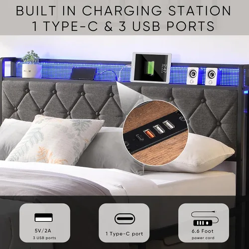 Vista 7 de Full Bed Frame Metal, Charging Station and Led Lights, Upholstered Platform Bed with Heavy Metal Slats, No Box Spring Needed, Noise Free, Easy