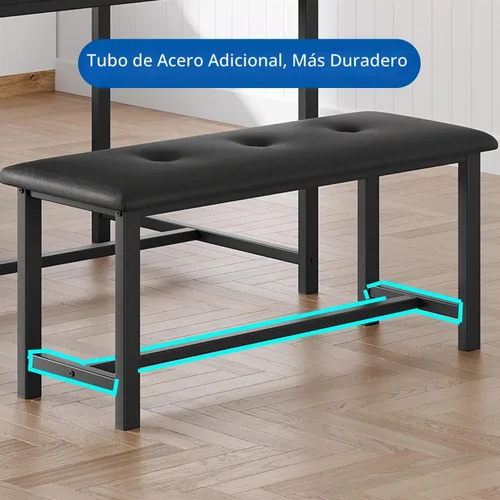 Vista 6 de GarveeHome Juego de mesa de comedor para 4, mesa de cocina con 2 bancos tapizados, juego de comedor de cocina de madera, para espacios pequeños