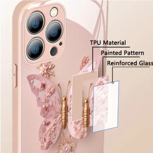 Vista 6 de Funda de vidrio con patrón de mariposa 3D plana compatible con iPhone, funda para teléfono con cubierta de vidrio con patrón de mariposa