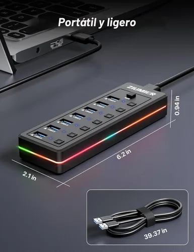 Vista 5 de Hub USB con tira de LED RGB,Divisor USB de 7 puertos para PC,Juegos USB 3.0 Hub Data Transfer - Individual LED On/Off Switches for Laptop, PC