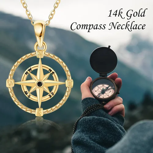 Vista 5 de Collar con brújula celta de oro real de 14 quilates, collar con colgante de siga tu brújula, regalos de joyería de oro macizo para mujer
