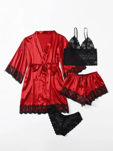 Vista 5 de WDIRARA Conjunto de pijama de lencería con encaje floral de satén para mujer, 4 piezas, conjunto de pijama con bata